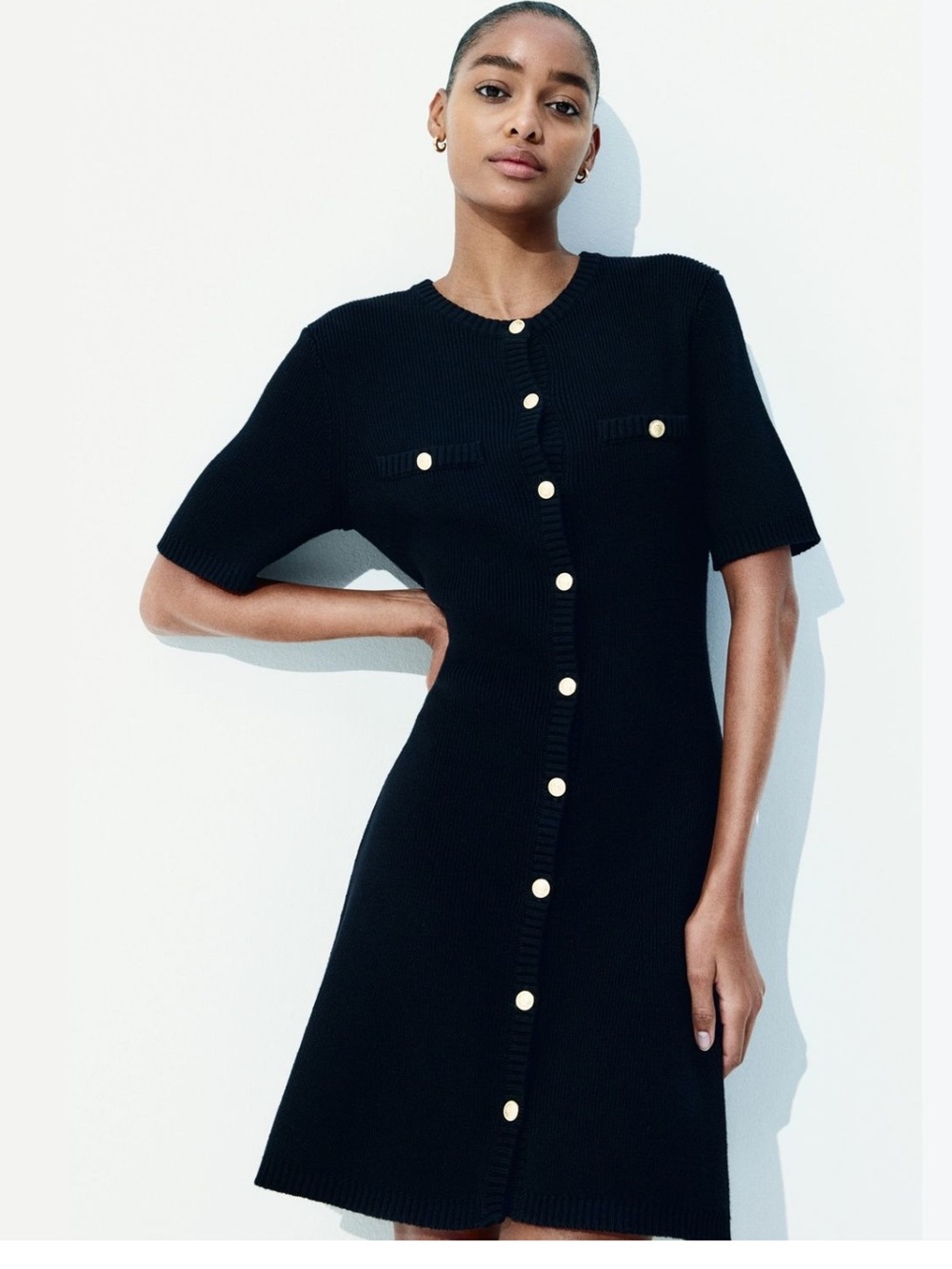 H&M RIB-KNIT BUTTON-FRONT DRESS Black
